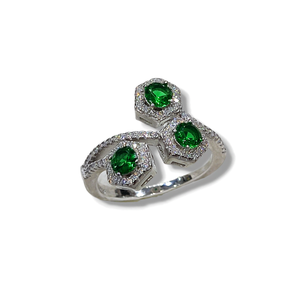 Δαχτυλίδι ασήμι 925 επιπλατινωμένο με πράσινες και λευκές πέτρες ζιργκόν