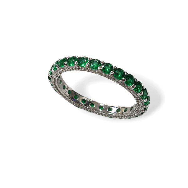 Δαχτυλίδι ολόβερο από ασήμι 925 επιπλατινωμένο και πράσινες ζιργκόν πέτρες